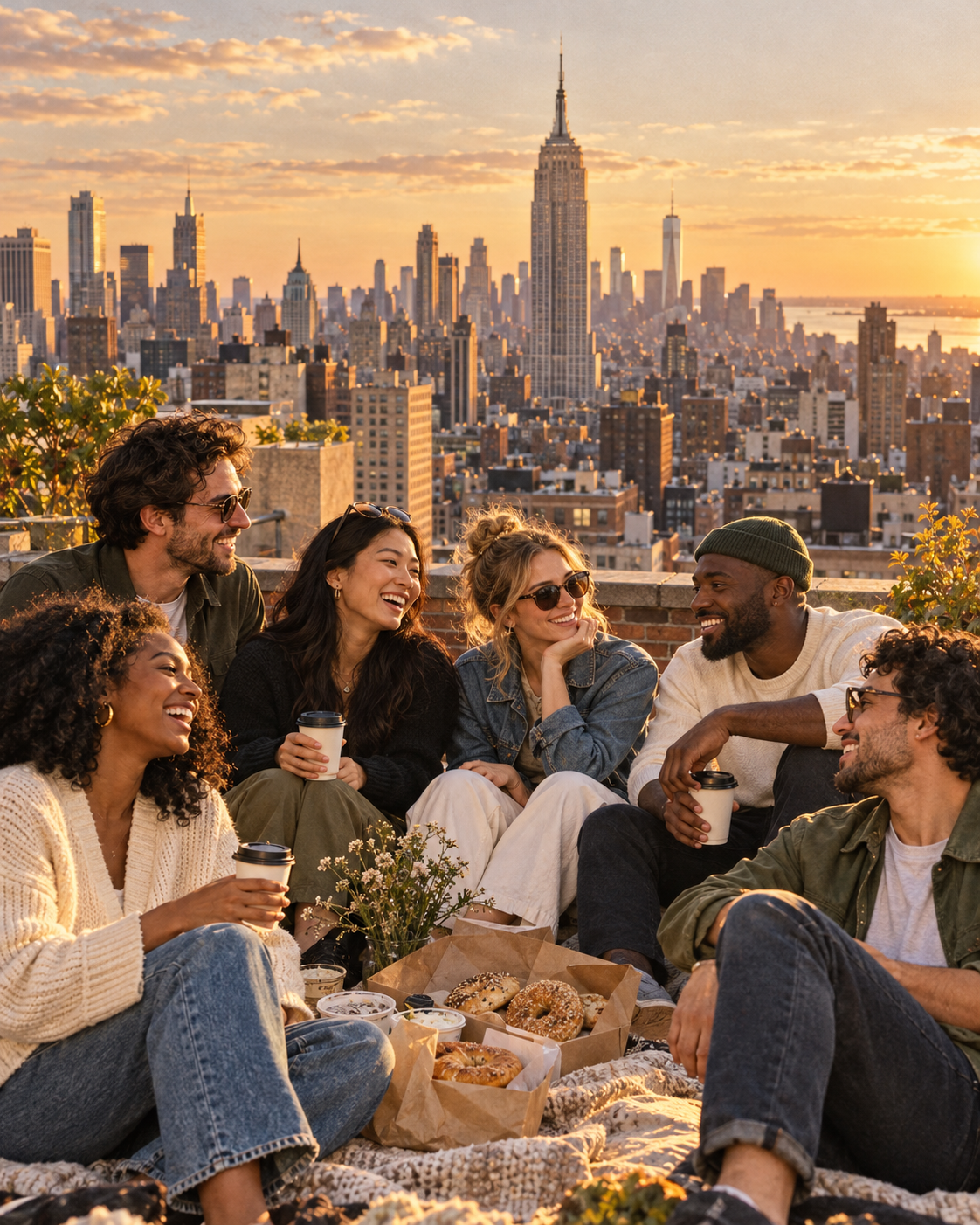 Illustration of friends sharing coffee and bagels on a rooftop overlooking the Manhattan skyline
